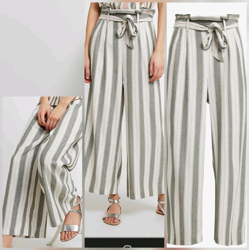 New Miss Selfridge Khaki Stripe Linen 